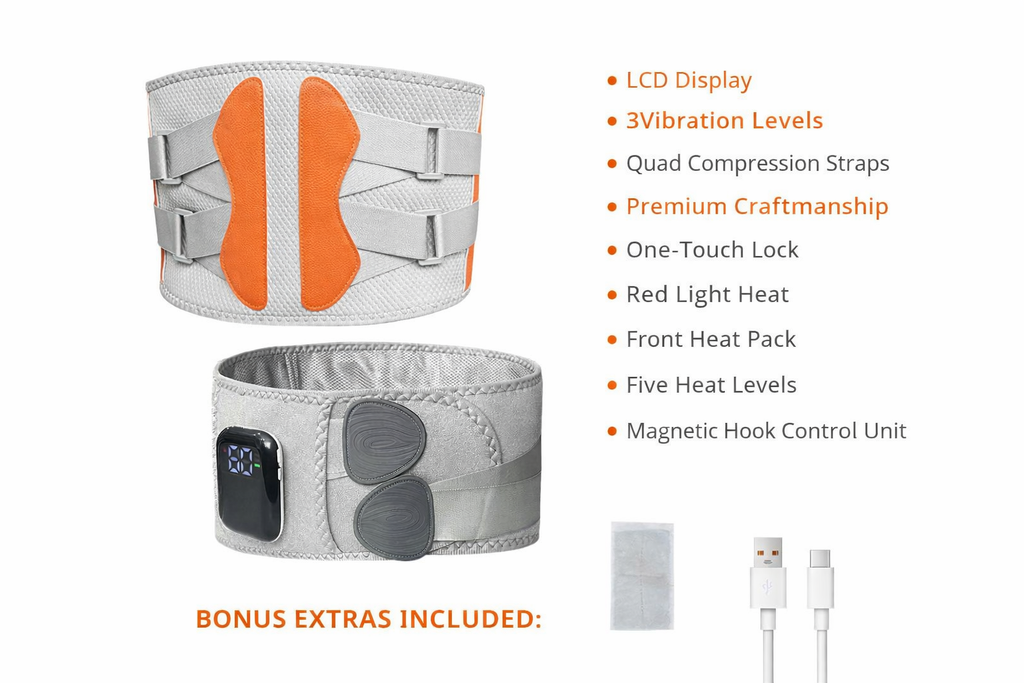 Electronic waistband with features listed on a white background