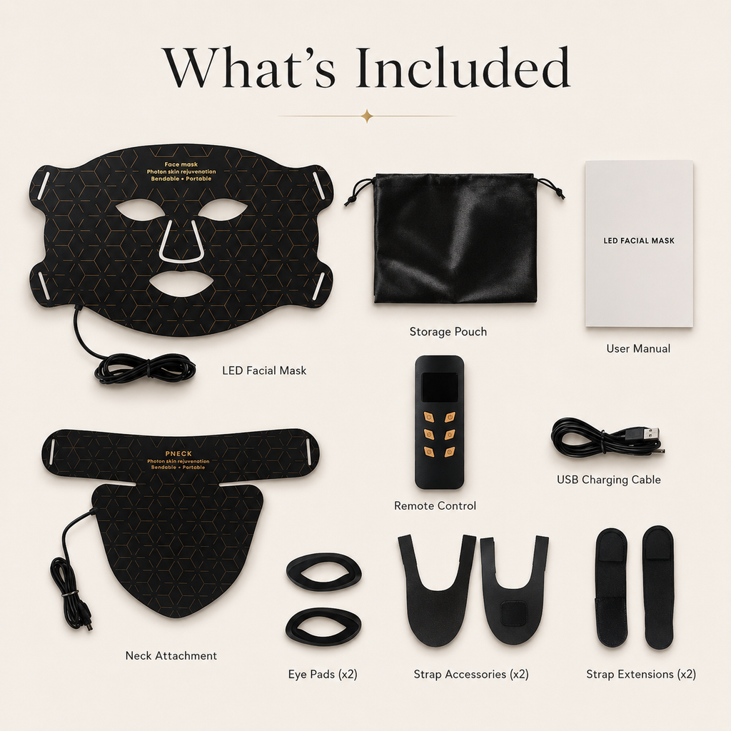 LED facial mask set with accessories on a white background