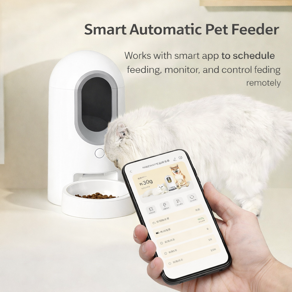 Smart automatic pet feeder with a phone app interface, showing a hand holding a phone with an app on a white background.