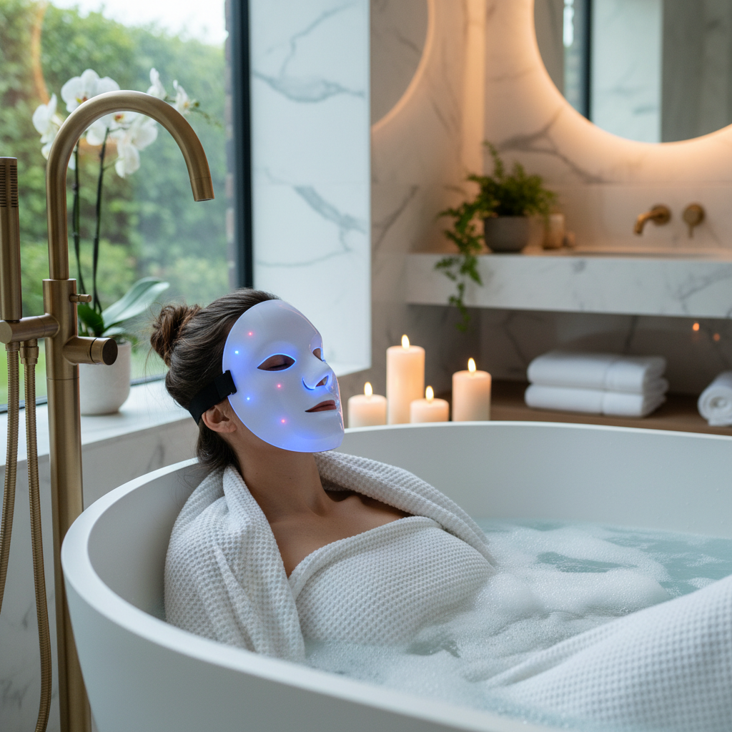 Woman Wearing White LED Face Mask in Spa Bathroom