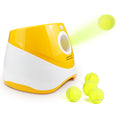 Yellow and white tennis ball launcher with tennis balls on a white background